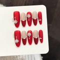Handmade red velvet press-on nails with pearls and rhinestones for weddings - Extra Small (XS) / 3352-Long Oval (3352-Long Oval)