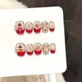 Handmade red and gold glitter press-on nails with 3D lion dance and pearl details - Extra Small (XS) / Lion Dance Lucky-Extra Short Coffin (3348)