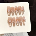 Handmade orange cherry blossom press-on nails with 3D pearls and gradient glitter - XS / Long Oval