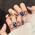 Uñas postizas ojo de gato azul oscuro y bronce con lentejuelas de estrellas - Extra Pequeño (XS) / Estilo Ataúd Corto (1303)
