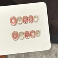 Handgefertigte Press-on-Nägel mit rosa Katzenaugen-Herz und silbernen Sternen im 10er Set - Extra Klein (XS) / Durchscheinendes Rosa Cat Eye Kurz Quadratisch Rund
