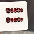Dark red cat eye press-on nails with silver cross rhinestones and black lines - Extra Small (XS) / 3428-Short Square Round