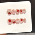 Unghie finte rosa gelatina con fragole 3D, perle e dettagli di fiocchi dolci - XS / Stile Fragola Rosa