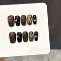 Handmade press-on nails with black cat-eye base and hand-painted roses and golden butterflies - Extra Small (XS) / Vintage Black Gold Rose (3466)
