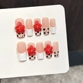 Set unghie finte artigianali con fiori rossi 3D, motivi leopardati e French tips - XS / Nuovo Stile Cinese