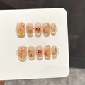 Set de faux ongles faits main avec fleurs en feuille d'or et relief de carpe koi rose - Très Petit (XS) / Style 3425 - Carré Moyen