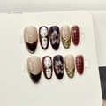Set d'ongles à presser faits main avec motifs floraux rouges et détails dorés élégants - Style Fleur Relief Rouge Blanc Exquis (F563)