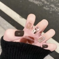 Handmade press-on nails in champagne latte tones with cow print and amber gold foil accents - XS / Champagne Latte