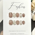 Handmade cat eye press-on nails with white hand-painted flowers and gold metal trim - Ice Camellia Hand Painted Gradient / XS