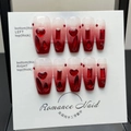 Unghie finte fatte a mano sfumate rosse con gemme a cuore 3D e decorazioni in strass - Unghie Lunghe Occidentali Traslucide / Extra Piccolo (XS)