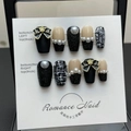 Handmade tweed style press-on nails in matte black with pearls and 3D ribbon bows - XS / Elegant Black Tweed