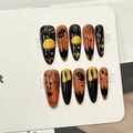Faux ongles stiletto d'Halloween avec citrouille orange et motifs de chauve-souris noire - Style Citrouille Chauve-souris Noir Orange Halloween (F562)