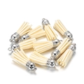 Close-up of ten soft beige faux suede tassels with silver metal caps for DIY jewelry making - 20 Pieces/Pack (10x38mm) / Beige