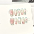 Faux ongles faits main dégradé rose et bleu avec motifs de chats en 3D - Style Nœud Chat Dégradé Rose Bleu Doux (F570)
