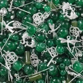 DIY jewelry set with dark green faux jade beads and silver Chinese-style metal pendants - Dark Green (Silver Accessories)