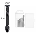 Detailed macro view of a 9cm manual hand drill with ten multi-size micro twist drill bits - Black Hand Drill Set