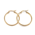 Detailed view of polished gold plated stainless steel hoop earrings with fish hook clasp - Size 15 / Gold