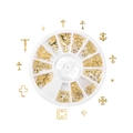 Golden metal nail art charms set with cross and iris icons in a rotating storage box - 5-10mm [12g] / Cross Motif Style