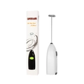 White handheld electric milk frother with stainless steel whisk and retail packaging box - White