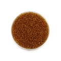 Draufsicht auf bernsteinfarbene Glasperlen für DIY-Schmuck in einer runden Dose aus Glas - 1800 Stück/Packung (2mm/18g) / Bernstein