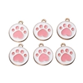 Detailed view of six gold-plated cat paw enamel charms for DIY jewelry making - White Border Pink Paw