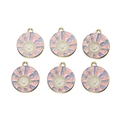 Detail of round enamel sun charms with 'Radiate Positivity' text for DIY jewelry - Pink and Purple Smiling Sun