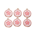 Set of six round enamel cherry blossom charms with gold metal edges for DIY jewelry - Pink Border Pink Sakura