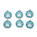 Detail of six blue and white enamel paw print alloy charms with golden metal edges - Blue Border White Paw