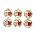 Detail of red and white enamel apple charms with gold metal frames and hanging loops - Apple