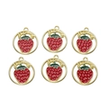 Set of six red enamel strawberry alloy pendants with gold trim for DIY jewelry making - Strawberry