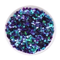 Top view of 3mm heart-shaped iridescent blue and purple nail sequins in a white bowl - 4*4mm/10g Pack / Dark Purple
