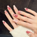 Pink and white handmade press-on nails with 3D hearts, pearls and stars in coffin shape - XS Extra Small / Pink Gray Heart Style (2975---Short Ladder)
