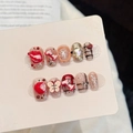 Weihnachts-Nagelset mit handbemaltem Karo, Apfel-Design und 3D-Schleifen-Dekoren - XS / Weinrot Karo-Stil