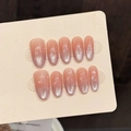 Amandelvormige plaknagels met roze en zilveren verloop en fijne glitters in een set van 10 - Extra Klein (XS) / Middelgroot Ovaal (809)