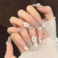 Unghie finte Cat-Eye argento con fiori 3D e perline, forma a ballerina lunga - XS / Bara Lunga