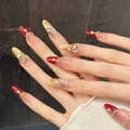 Rote French Almond Press-On Nails mit 3D-Gold-Schmetterling und Glitzer-Strass - XS / Langes Oval (776)