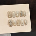 Handmade champagne and white press-on nails with silver crystal crosses and pearls - XS / 658-Short Square