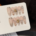 Uñas postizas artesanales con degradado rosa nude, efecto ojo de gato y pedrería ámbar - Extra Pequeño (XS) / W234-Ovalado Largo