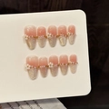 Unghie finte rosa e oro champagne con fiori 3D, perle ed effetto sfumato occhio di gatto - Extra Piccolo (XS) / Sfumatura Oro Rosa (W437-Ovale Corto)