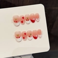 Handgemachte Kirsch-Drucknägel Set mit rosa Farbverlauf, Herzen und weißen Schleifen - XS / Kurz Oval