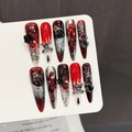 Uñas góticas a presión con calavera 3D rosa y salpicaduras rojas estilo stiletto - Extra Pequeño (XS) / Degradado Rojo Negro (251-Puntiagudo)
