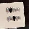Handmade starry moon press-on nails set with purple cat-eye effect and gold celestial art - XS / Purple/Black