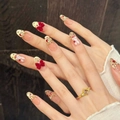 Unghie finte fatte a mano effetto cat-eye rosso con fiocchi 3D, conigli e perle - XS / Stile ovale medio