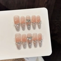 Rosa Ombre Mandel-Nägel zum Aufkleben mit silbernem Glitzer und Strass-Schleife - XS / Rosa Silber Glitzer Strass Oval (W339)