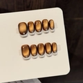 Brown cat eye press-on nails with white French tips and elegant square rhinestone accents - XS / Gilded Brown Gradient (921)
