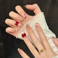 Unghie finte fatte a mano con fiocchi di velluto rosso, motivi a coniglio e glitter champagne - XS / Nuovo Stile Cinese
