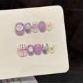 Uñas postizas hechas a mano en lila y plata con diseños 3D de ojos y corazones pintados - XS / Pintura Linda Divertida Púrpura (W440-Corto Redondo)