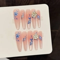 Pink gradient press-on nails with blue hand-painted flowers and 3D floral accents - Extra Small (XS) / Pink Rhythm Blue Branch