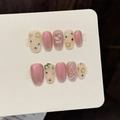 Unghie finte rosa occhio di gatto con fiocchi 3D e strass per un look dolce e di lusso - Extra Piccolo (XS) / Rosa-Ovale Corto (W432)