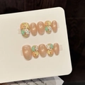 Unghie finte fatte a mano con fiori di mandorlo su base nude glitterata e arte floreale - Extra Piccolo (XS) / Stile Floreale Albicocca Calda (W435)
